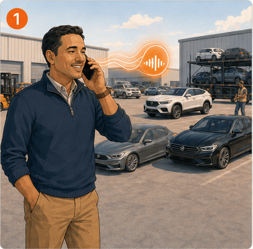 A shipper in a vehicle lot speaks to HAULIE on a phone.